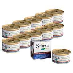 Влажный корм для кошек Schesir с тунцом, со снетком 12 шт. х 85 г (кусочки в желе)