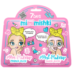 7DAYS Тканевая маска-праймер Mimimishki Pre-Makeup с Папайей и Карите/Тканевая маска-сейвер Mimimishki Post-Makeup с Клубникой и Личи I, 25 г, 2 шт.