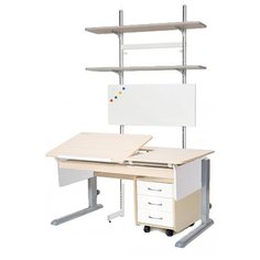 Стол детский Астек-Элара Лидер с ящиком, стеллажом и тумбой 120x72 см береза/белый/серый
