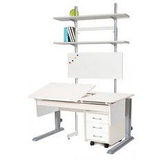 Стол детский Астек-Элара Лидер с ящиком, стеллажом и тумбой 120x72 см рамух/белый/серый