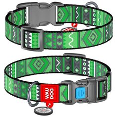 Ошейник WAU DOG Nylon с адресником и пластиковой пряжкой-фастекс 20 мм 24-40 см черный / зеленый