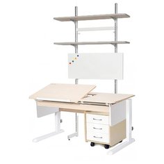Стол детский Астек-Элара Лидер с ящиком, стеллажом и тумбой 120x72 см береза/белый/белый