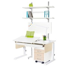 Стол детский Астек-Элара Лидер с ящиком, стеллажом и тумбой 120x72 см белый/береза/белый