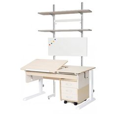 Стол детский Астек-Элара Лидер с ящиком, стеллажом и тумбой 120x72 см береза/рамух/белый