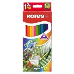 Карандаши цветные Kores 12 цветов, трехгранные, акварельные, кисть, точилка