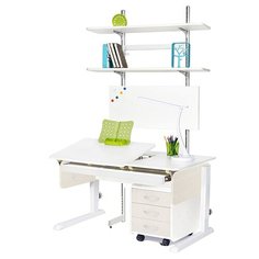 Стол детский Астек-Элара Лидер с ящиком, стеллажом и тумбой 120x72 см белый/рамух/белый