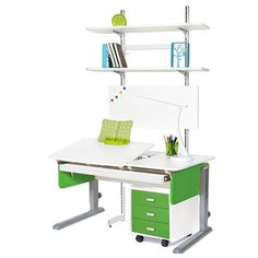 Стол детский Астек-Элара Лидер с ящиком, стеллажом и тумбой 120x72 см белый/зеленый/серый