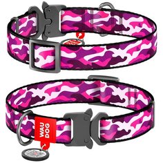 Нейлоновый ошейник для собак WAUDOG Nylon с рисунком "Розовый камо" и адресником, ширина 25 мм, обхват шеи 31-49 см, металлическая быстросъемная тактическая пряжка-фастекс