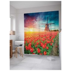 Штора (занавеска) для ванной "Мельница на поле тюльпанов" из сатена, 180х200 см с крючками, JoyArty