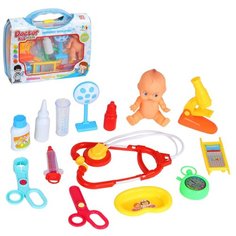 Игровой набор детский, для детей "Доктор", пупс и 13 предметов, цвет синий, в/к 28х7х22 см Компания Друзей