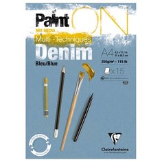 Скетчбук - альбом для смешанных техник 15л., А4, на склейке Clairefontaine "PaintON Denim Blue", 250г/м2, джинсовый