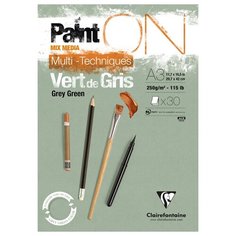Скетчбук - альбом для смешанных техник 30л., А3, на склейке Clairefontaine "PaintON Grey Green", 250г/м2, серо-зеленая