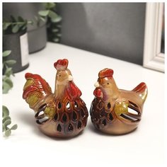 Подсвечник керамика на 1 свечу "Петушок/Курица" набор 2 шт 12х12х6,5 см; 10х9х7 см 5414060 Сима ленд