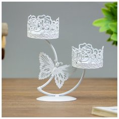 Подсвечник металл на 2 свечи "Розарий и бабочка" белый 14,5х13х6,5 см 3714153 Сима ленд