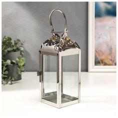 Подсвечник металл, стекло на 1 свечу фонарик "Ромбы-цветы" серебро 26х10х10 см 5449228 Сима ленд