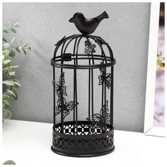 Подсвечник металл 1 свеча "Птица и клетка с бабочками" чёрный 21,5х10х10 см 5378086 Сима ленд