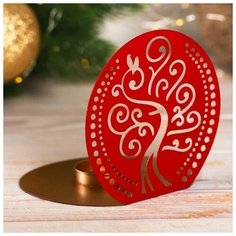 Подсвечник "Круг дерево", красный-зол., 11 х 12 х 11 см. 3463683 Сима ленд