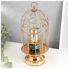 Подсвечник металл на 1 свечу "Клетка и мрамор" золото 28,5х11х11 см 5177301 Сима ленд