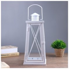 Подсвечник металл, стекло на 1 свечу "Фонарь" белый 35х15х15 см 4543476 Сима ленд