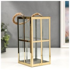 Подсвечник металл, стекло на 1 свечу фонарик "Окна" золото 22х11х11 см 5449232 Сима ленд
