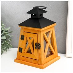 Подсвечник дерево на 1 свечу "Фонарь трапеция" коричневый жёлтый 20,5х12,5х12,5 см 5449175 Сима ленд