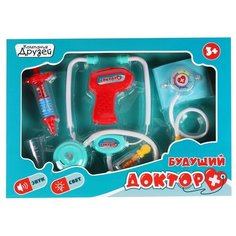 Игровой набор для детей ТМ "Компания Друзей", Серия "Будущий Доктор", игрушка для детей, развивающая игрушка, обучающая игрушка, на батарейках, 7 предметов: стетоскоп, градусник, шприц, тонометр и др., набор для игры в доктора, игрушечный набор, игруш
