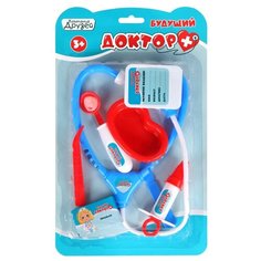 Игровой набор для детей ТМ "Компания Друзей", Серия "Будущий Доктор" в чемодане, игрушка для детей, развивающая игрушка, обучающая игрушка, на батарейках, 8 предметов: стетоскоп, шприц, скальпель, ванночка, история болезни, пилюли, мед.зеркало, пинцет