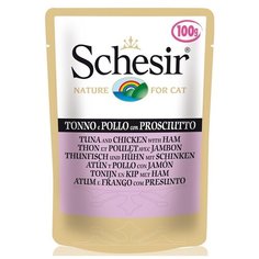 Влажный корм для кошек Schesir с тунцом, с курицей, с ветчиной 10 шт. х 100 г (кусочки в желе)