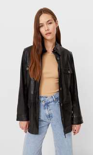 Stradivarius Кожаная Куртка Сафари С Поясом Черный L
