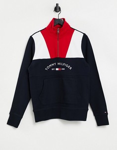 Темно-синий свитшот в стиле колор блок на короткой молнии с логотипом Tommy Hilfiger