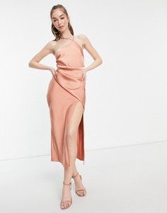 Атласное драпированное платье миди на одно плечо ASOS DESIGN-Коричневый цвет