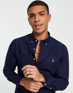 Темно-синяя приталенная рубашка из поплина с логотипом Polo Ralph Lauren-Темно-синий