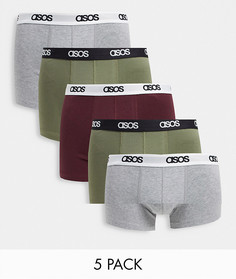 Набор из 5 боксеров-брифов (цвета: бордовый, серый, хаки) ASOS DESIGN-Многоцветный