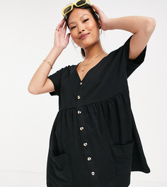 Черное платье мини на пуговицах с присборенной юбкой ASOS DESIGN Petite-Черный