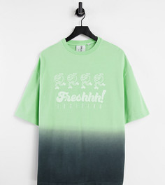 Зеленая oversized-футболка из пике с мультяшным принтом и эффектом омбре COLLUSION Unisex-Зеленый цвет