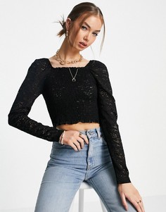 Кружевной присборенный кроп-топ черного цвета с длинными рукавами Only Sannie-Черный цвет