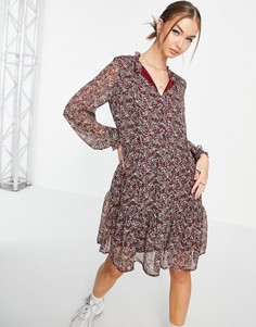 Черное платье мини с присборенной юбкой, длинными рукавами и цветочным принтом Only-Черный цвет