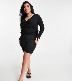 Черный топ в рубчик с запахом и завязкой ASOS DESIGN Curve