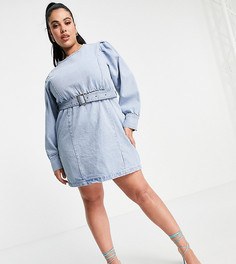 Голубое джинсовое платье с поясом и длинными рукавами Missguided Plus-Голубой