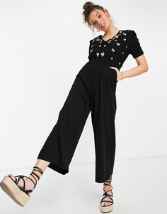 Черный комбинезон с вышивкой и присборенными рукавами ASOS DESIGN-Черный цвет