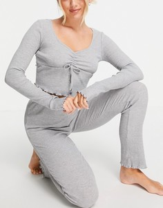 Серый пижамный комплект в рубчик с лонгсливом с завязкой Topshop