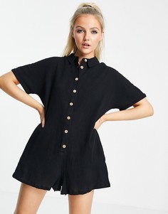 Черный ромпер с верхом в виде рубашки и полной застежкой на пуговицы ASOS DESIGN-Черный цвет