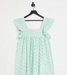 Мятное платье мини с квадратным вырезом, вышивкой ришелье и короткими рукавами с рюшами ASOS DESIGN Petite-Зеленый цвет