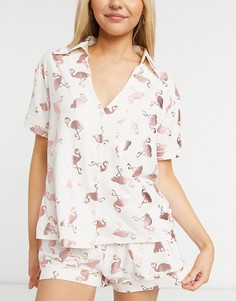 Кремовый пижамный комплект из рубашки и шорт с розовым принтом фламинго Chelsea Peers-Белый