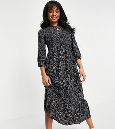Черное платье миди со сборками, длинными рукавами и узором New Look Petite-Черный