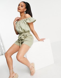 Кроп-топ цвета хаки с открытыми плечами из ткани шамбре от комплекта Missguided-Зеленый цвет