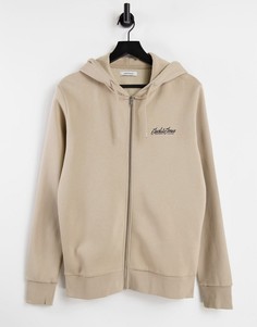 Худи светло-бежевого цвета на молнии с логотипом-надписью Jack & Jones-Светло-бежевый