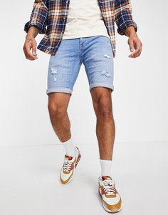 Голубые зауженные джинсовые шорты со рваной отделкой Jack & Jones Intelligence-Голубой