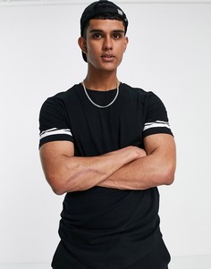 Черная удлиненная футболка с полосками на рукавах Only & Sons-Черный цвет