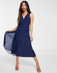Платье миди с поясом и плиссированной юбкой ASOS DESIGN-Темно-синий
